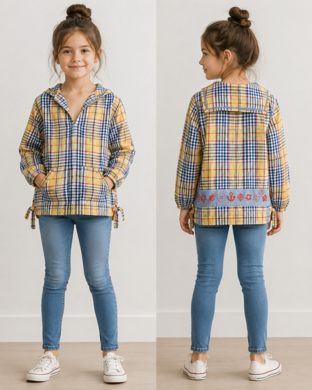 Vintage Oilily Girls Size 12 152 Shirt Plaid Cotton Hooded Tunic Top Pockets Y2K